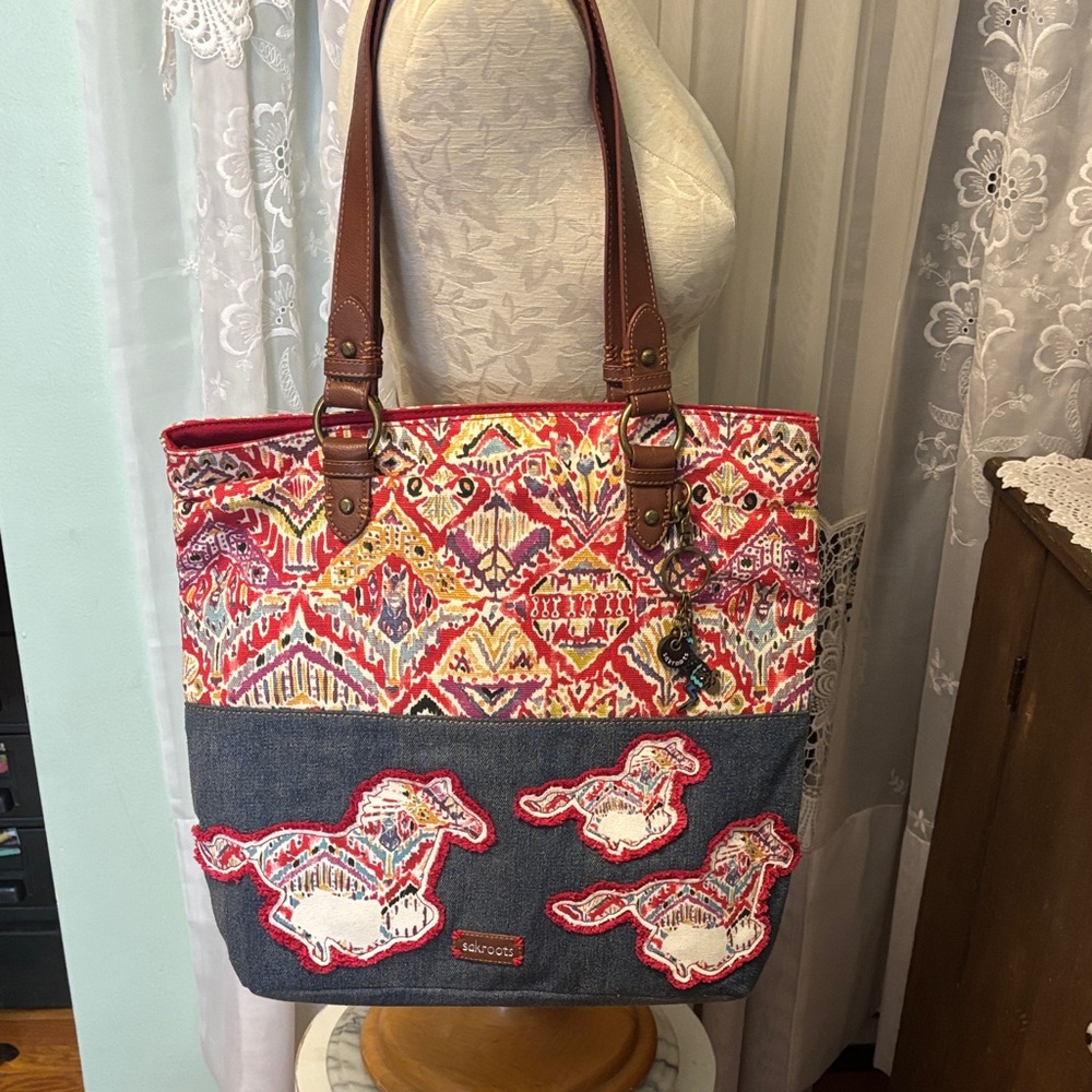 Sakroots Horse Printed Canvas & Denim Shoulder Tote Appliqué Horses